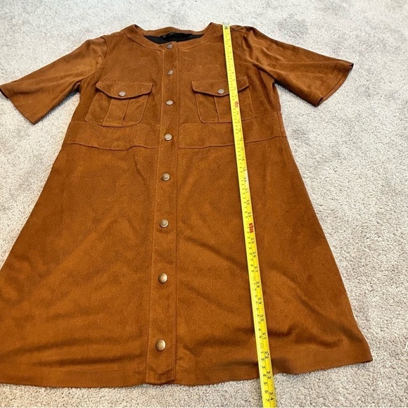 Zara Camel Brown faux suede short sleeve button front mini dress L - Picture 11 of 15